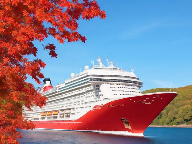 Een cruiseschip met een groot rood esdoornblad aan de zijkant