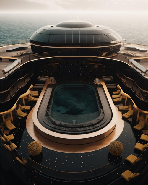 Foto een cruiseschip met in het midden een zwembad en rechts een groot gebouw.