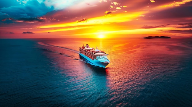 Foto een cruiseschip zeilt in de oceaan tijdens zonsondergang met de gouden gloed van de zon die zich van het water weerkaatst