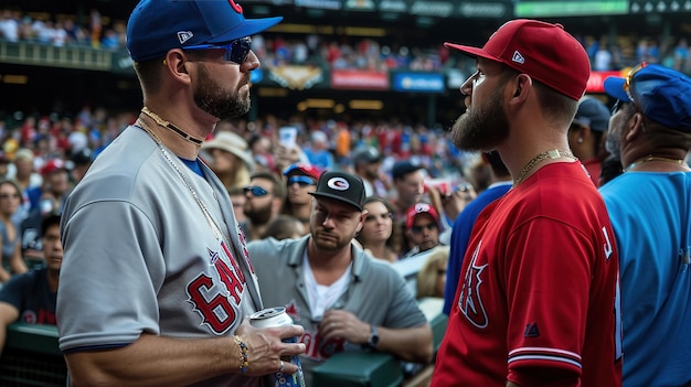 Een Cubs-fan staat voor een Cardinals-fan bij een honkbalwedstrijd tegenover elkaar.