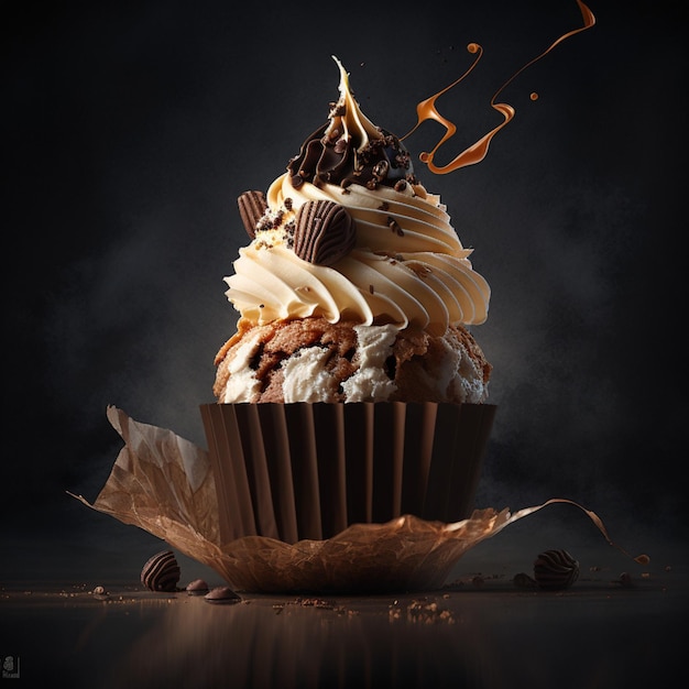 Een cupcake met chocolade en nootjes erop