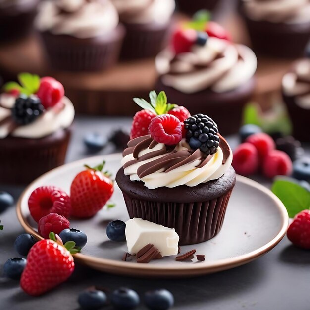 Foto een cupcake met chocolade en raspberry erop