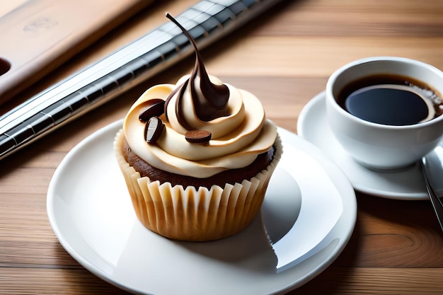 Een cupcake met chocolade erop en een krant op tafel.