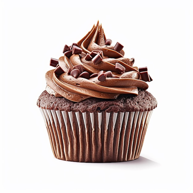 Een cupcake met chocoladeglazuur en chocoladeschilfers