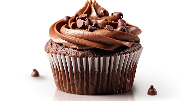 een cupcake met chocoladeglazuur en chocoladestukjes erop.