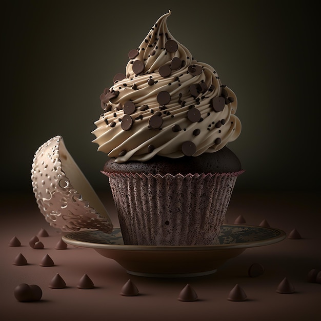 Een cupcake met chocoladeglazuur en een hap eruit.