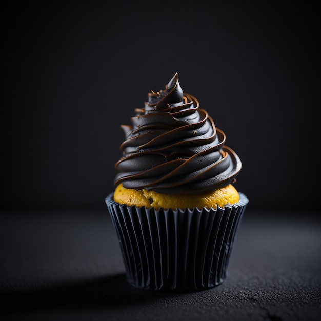 Een cupcake met chocoladesuikerglazuur en een zwarte achtergrond.