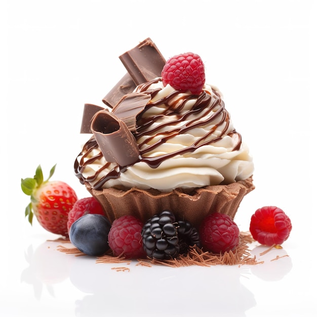 Een cupcake met daarop chocolade en aardbeien