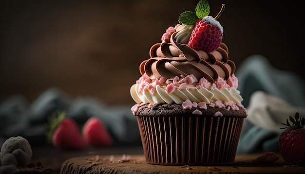 Een cupcake met een aardbei erop