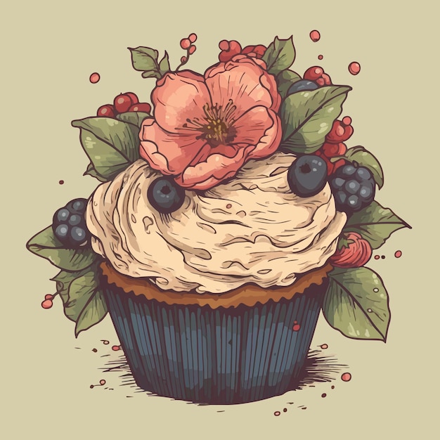 Foto een cupcake met een bloem en bessen erop.