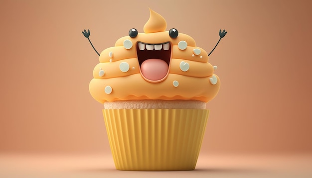 Een cupcake met een gezicht en een cartoongezicht erop