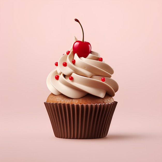 een cupcake met een glazuur en een kers op roze achtergrond