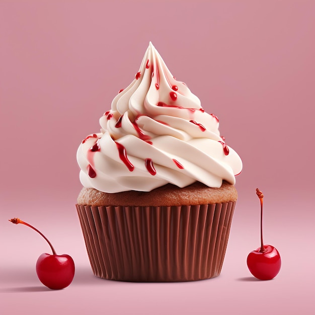 een cupcake met een glazuur en een kers op roze achtergrond