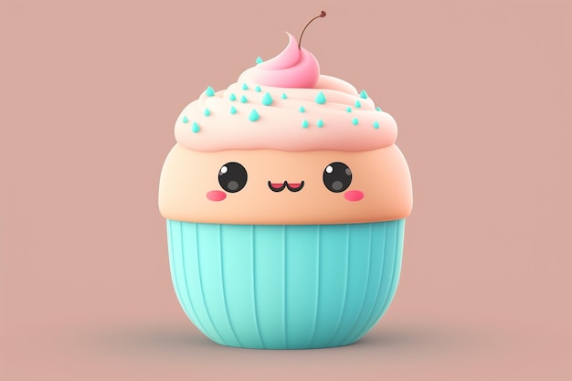 Een cupcake met een roze gezicht en een roze glazuur erop.