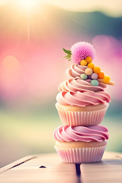 Foto een cupcake met een roze glazuur en een bloem erop