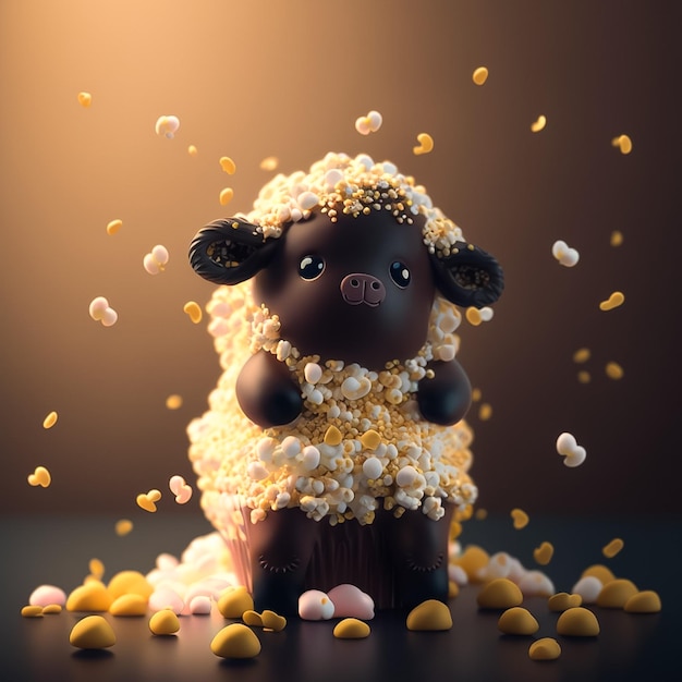 Een cupcake met een schaap gemaakt van popcorn