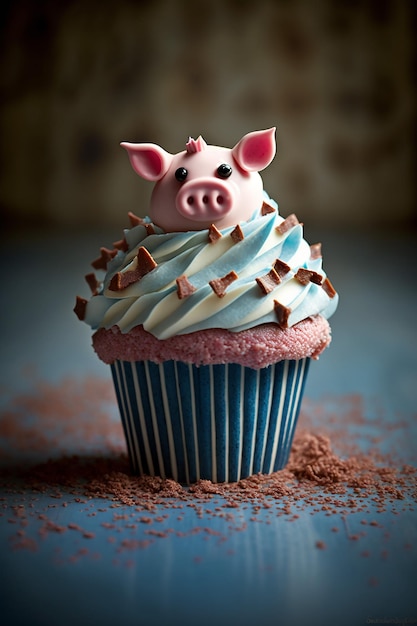 Een cupcake met een varken erop