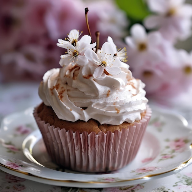 Een cupcake met een witte frosting en een bloem erop.