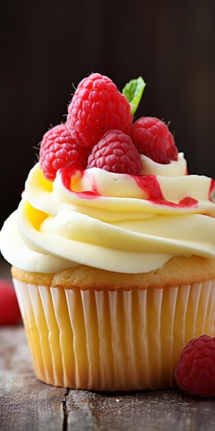 Een cupcake met een witte frosting en een rode strooi framboos erop.