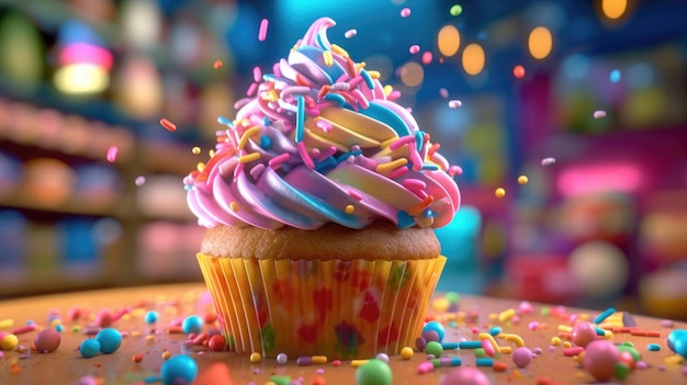 Een cupcake met regenboogsnoepjes erop