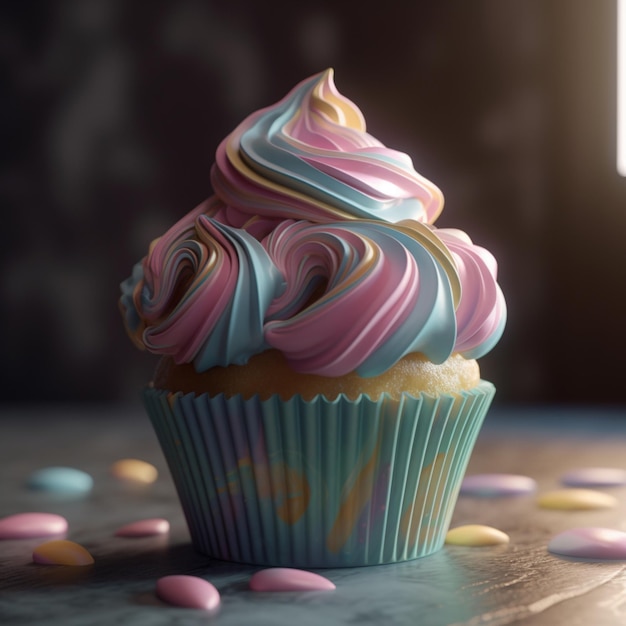 Een cupcake met roze, blauw en wit glazuur staat op een houten tafel.