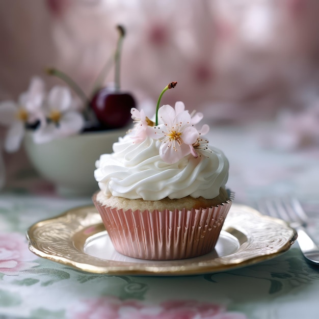 Een cupcake met roze bloemen erop zit op een bord met een vork en een kers erop.