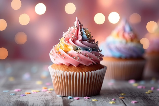 Een cupcake met roze en blauwe hagelslag op een houten tafel