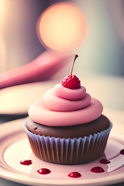 Foto een cupcake met roze glazuur en een kers erop.