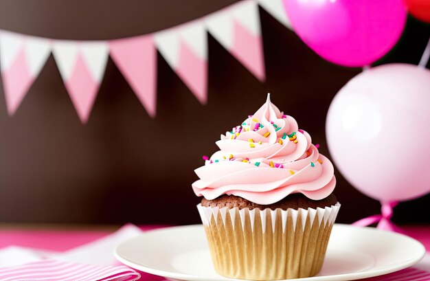 Een cupcake met roze glazuur en een roze banner erachter