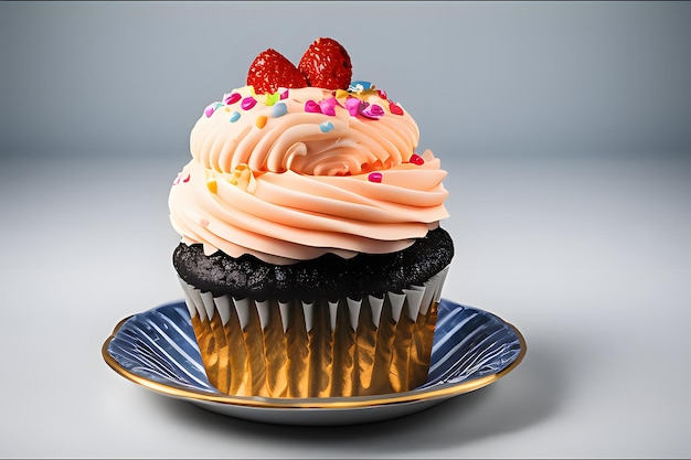 Een cupcake met roze glazuur en een toefje aardbeien erop