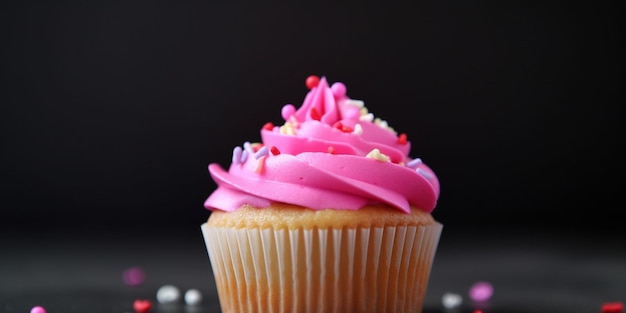 Een cupcake met roze glazuur en hagelslag bovenop