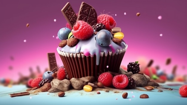 Een cupcake met veel chocolade en bessen erop