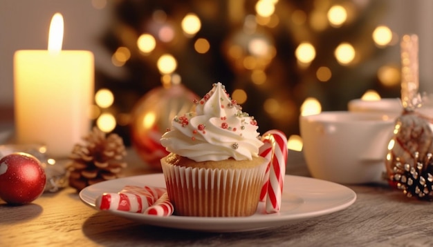 Een cupcake met zuurstokken zit op een bord met een kaars op de achtergrond.