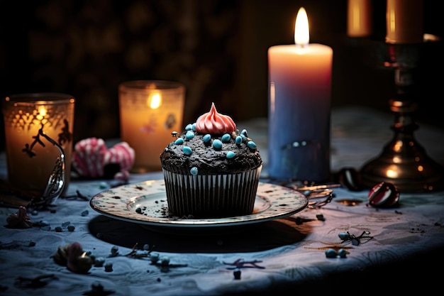 Een cupcake werd geplaatst en bleef op tafel staan tijdens een Halloweenfeestje bij iemand thuis