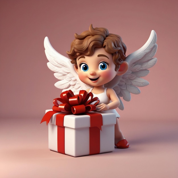 Foto een cupido met een engel die een geschenkdoos met een rood lint vasthoudt