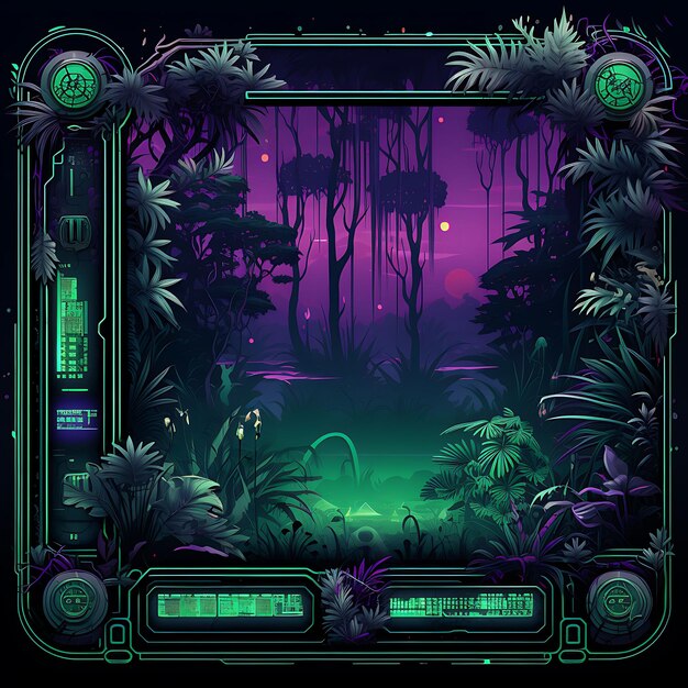 Een cybernetisch jungleframe Bioluminescerende planten en dieren El 2D Clipart Tshirt Overlay Concept