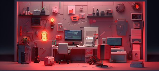 Een cyberpunk appartement met hacking apparatuur voxel