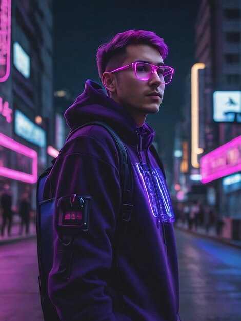 Een cyberpunk man met een capuchon en een bril.