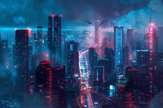 Een cyberpunk stadsbeeld met neonlichten en futuris generative ai