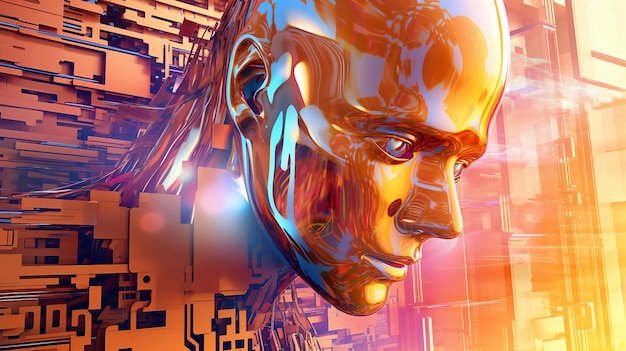 Een cyborg hoofd in cyberspace kunstmatige intelligentie concept