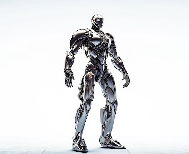 een cyborg robot ijzer krijger staande op een witte achtergrond