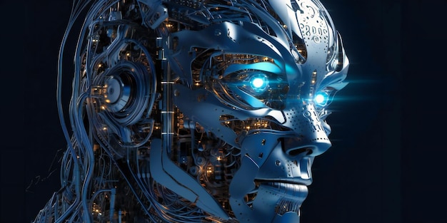 Een cyborggezicht met blauwe ogen en circuit