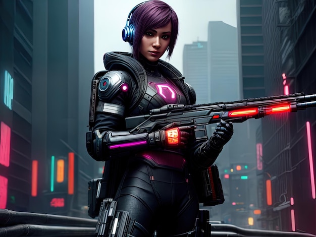 Een cyborgpersonage uit de cyberpunkstijl van een actievideogame