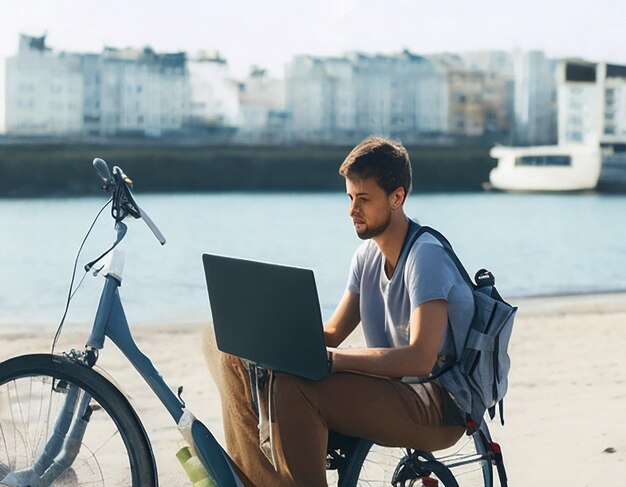 Een dag uit het leven van een man die als online freelancer werkt. Hij zit op een zeestrand