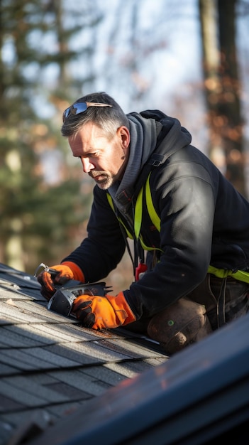 Foto een dakbedrijver repareert gordelroos op een huis