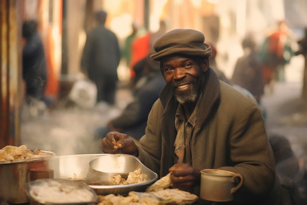 Een dakloze Afro-Amerikaanse man eet in een straatkantine voor de armen