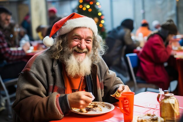 Een dakloze geniet van een maaltijd in de keuken van een liefdadigheidsvoedselbank tijdens de kerstvakantie