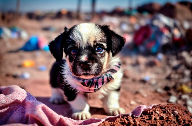 Een dakloze kleine puppy op een stortplaats Generatieve AI