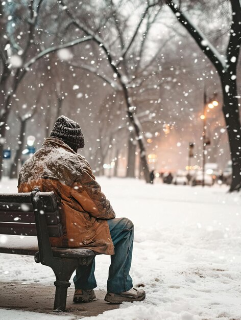 een dakloze man die op een bank zit tijdens de sneeuwwinter