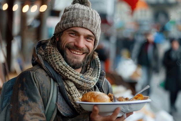 Een dakloze man die van een kopje eten geniet.